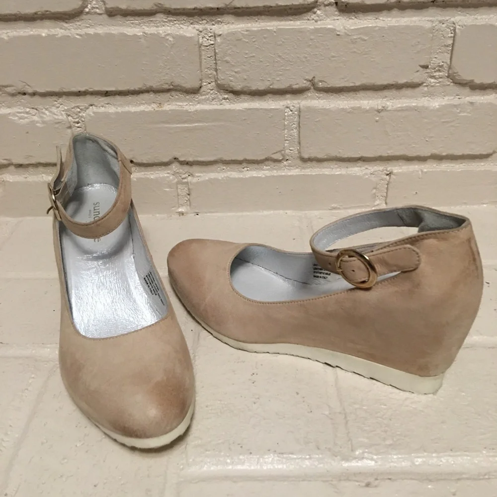 Ankle-Strap Nude Wedge Pumps